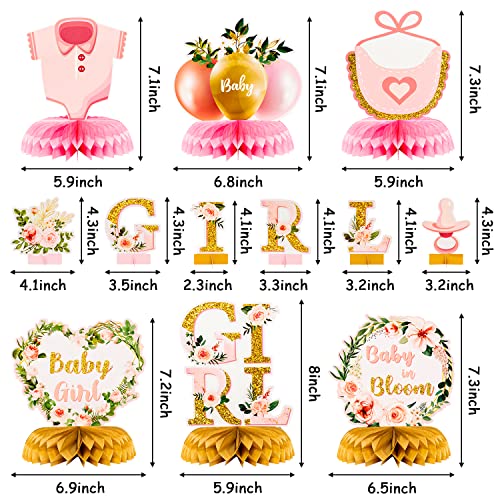 12Pcs Spring Floral Baby Shower Party Honeycomb Table Centerpiece Baby in Bloom Table Display with Letters Gender Reveal Decoration Arrangement Favor Block Holder for Girl Birthday