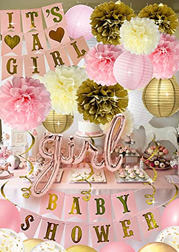 Baby Shower Decorations for Girl Pink Gold Princess It's A Girl Banner Poms Lanterns Mom To Be Sash