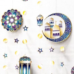 6 pcs Purple Blue Gold Ramadan Garland Kit with Lantern Crescent Moon Star for Ramadan Party Decoration Hanging EID Banner Streamer Decorations Islamic Birthday Bday Wedding Party Supplies