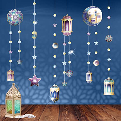 6 pcs Purple Blue Gold Ramadan Garland Kit with Lantern Crescent Moon Star for Ramadan Party Decoration Hanging EID Banner Streamer Decorations Islamic Birthday Bday Wedding Party Supplies