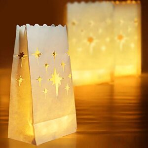 homemory 50 pcs white luminary bags, flame resistant candle bags, stars design luminaries for wedding, party, halloween, thanksgiving, christmas