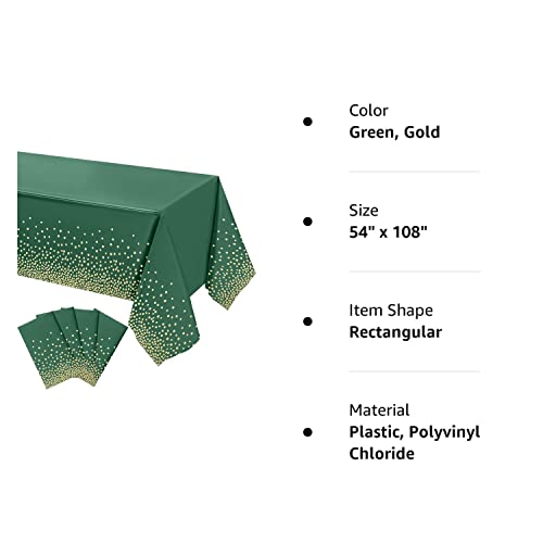 Tegeme Plastic Tablecloth for Parties Disposable Gold Stamping Dot Confetti 108 x 54 Inch Birthday Party Wedding Dinner Decors Rectangle Tabless(Green, Gold,4 Packs)