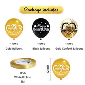 Lnlofen 30Pcs Happy Anniversary Balloons Decorations Kit, 12 Inch Black Gold Wedding Latex Confetti Party Supplies, 10th 20th 30th 40th 50th 60th Indoor Outdoor Decor