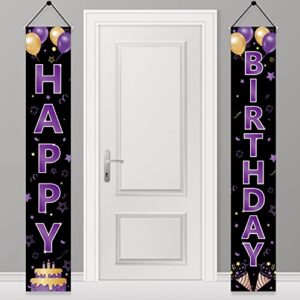purple gold happy birthday door banner decorations for women girls, purple happy birthday porch sign party supplies, 16th 21st 30th 40th 50th 60th 70th 80th 90th birthday backdrop decor