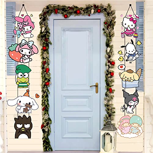 10Pc Kawaii San-rio Porch Sign Hanging Banner Hello Kittty, Cinnamo-roll, Big-eyed Frog, Little Twin Stars, Kurommi Theme Cute Party Wall Decorations for Indoor Outdoor Supplies