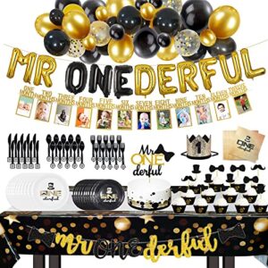 179pcs mr onederful 1st birthday party supplies decorations, mr onederful balloons banner cake cupcake topper photo banner balloon garland arch, plates knives forks spoons napkins flatware tablecloth for boy 1st bday