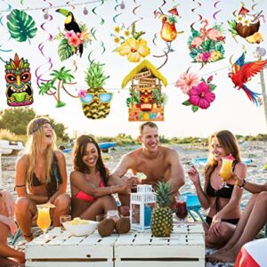 30 Pieces Hawaiian Luau Hanging Swirl Party Decorations Aloha Tropical Foil Plastic Streamer Ceiling Decor Palm Pineapple Flamingo Hibiscus Dangle Sign Summer Beach Pool Party Birthday Tiki Party Supplies