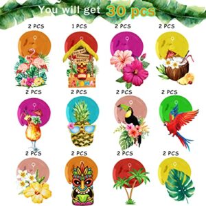 30 Pieces Hawaiian Luau Hanging Swirl Party Decorations Aloha Tropical Foil Plastic Streamer Ceiling Decor Palm Pineapple Flamingo Hibiscus Dangle Sign Summer Beach Pool Party Birthday Tiki Party Supplies