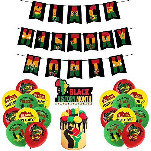 Black History Month Party Banner Plus Black History Month Party Cake Topper and Patrty Latex Ballons for Black History Month Party Decorations Party Supplies