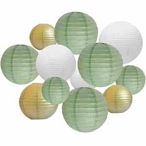 ansomo sage green white and gold paper lanterns party decorations chinese japanese hanging decorative birthday baby shower bridal wedding greenery neutral home décor 12 pcs 12″ 10″ 8″ 6″