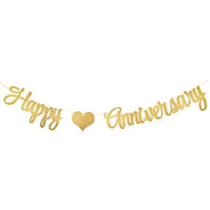 PALASASA Gold Glittery Happy Anniversary Banner for Wedding Anniversary Party Decorations