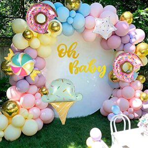 pastel donut balloons garland kit – 147pcs including donut with sprinkles ice cream gold foil balloon + macaron 4 colors latex balloons, for baby shower girl birthday party decorations