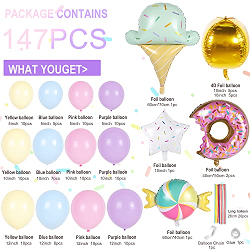 Pastel Donut Balloons Garland Kit - 147pcs Including Donut with Sprinkles Ice Cream Gold Foil Balloon + Macaron 4 Colors Latex Balloons, for Baby Shower Girl Birthday Party Decorations