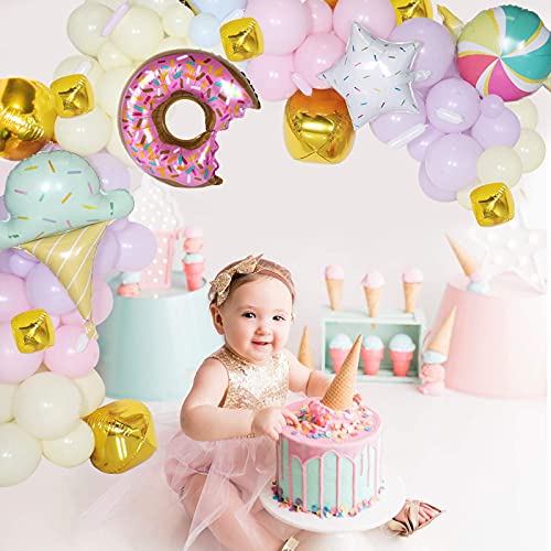 Pastel Donut Balloons Garland Kit - 147pcs Including Donut with Sprinkles Ice Cream Gold Foil Balloon + Macaron 4 Colors Latex Balloons, for Baby Shower Girl Birthday Party Decorations