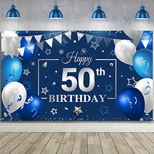 Tatuo Happy Birthday Party Decorations Navy Blue and Silver Birthday Photography Backdrop Banner Birthday Party Banner Sign for Men Women Anniversary Party Photo Props Supplies Decor (50th)