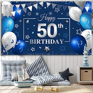 Tatuo Happy Birthday Party Decorations Navy Blue and Silver Birthday Photography Backdrop Banner Birthday Party Banner Sign for Men Women Anniversary Party Photo Props Supplies Decor (50th)