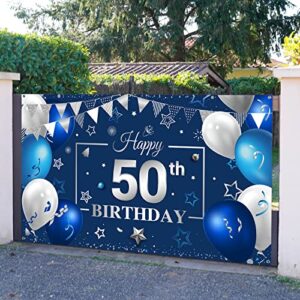 Tatuo Happy Birthday Party Decorations Navy Blue and Silver Birthday Photography Backdrop Banner Birthday Party Banner Sign for Men Women Anniversary Party Photo Props Supplies Decor (50th)