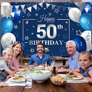 Tatuo Happy Birthday Party Decorations Navy Blue and Silver Birthday Photography Backdrop Banner Birthday Party Banner Sign for Men Women Anniversary Party Photo Props Supplies Decor (50th)