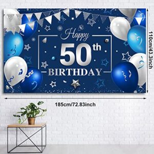 Tatuo Happy Birthday Party Decorations Navy Blue and Silver Birthday Photography Backdrop Banner Birthday Party Banner Sign for Men Women Anniversary Party Photo Props Supplies Decor (50th)