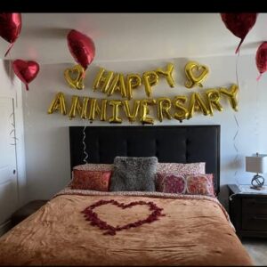 KUNGOON Happy Anniversary Balloon Banner,Valentines Day/Wedding Anniversary Party Decorations,Love Party and Anniversary Party Supplies,16 Inch Gold Aluminum Foil.