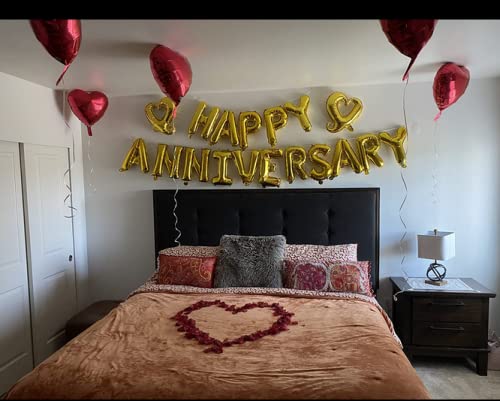 KUNGOON Happy Anniversary Balloon Banner,Valentines Day/Wedding Anniversary Party Decorations,Love Party and Anniversary Party Supplies,16 Inch Gold Aluminum Foil.