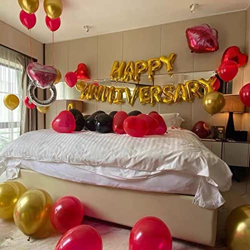 KUNGOON Happy Anniversary Balloon Banner,Valentines Day/Wedding Anniversary Party Decorations,Love Party and Anniversary Party Supplies,16 Inch Gold Aluminum Foil.