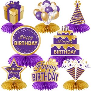 8pcs purple gold birthday decorations honeycomb centerpieces for women girls, purple happy birthday table centerpieces party supplies, 16th 21st 30th 40th 50th 60th birthday table topper decor