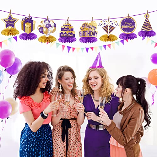 8PCS Purple Gold Birthday Decorations Honeycomb Centerpieces for Women Girls, Purple Happy Birthday Table Centerpieces Party Supplies, 16th 21st 30th 40th 50th 60th Birthday Table Topper Decor