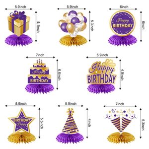 8PCS Purple Gold Birthday Decorations Honeycomb Centerpieces for Women Girls, Purple Happy Birthday Table Centerpieces Party Supplies, 16th 21st 30th 40th 50th 60th Birthday Table Topper Decor