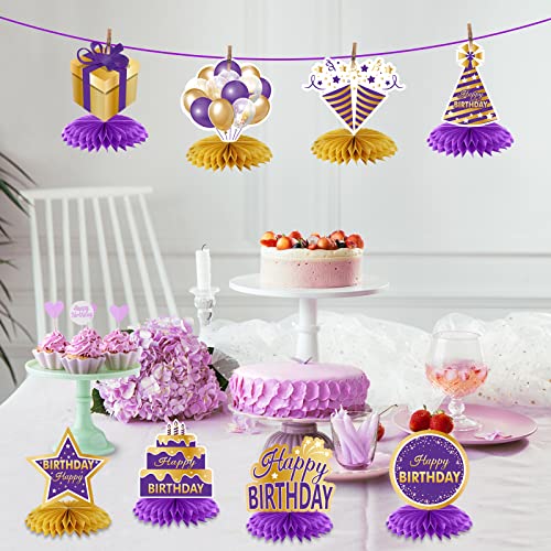 8PCS Purple Gold Birthday Decorations Honeycomb Centerpieces for Women Girls, Purple Happy Birthday Table Centerpieces Party Supplies, 16th 21st 30th 40th 50th 60th Birthday Table Topper Decor