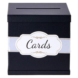 black gift card box – white & gold satin ribbon & cards label 10″x10″ large – memory box for funerals or graduations, box for wedding receptions birthdays or baby showers