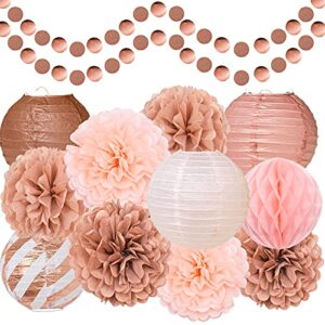 rose gold party decorations, tissue pom poms, paper lanterns, honeycomb ball, paper circle dots garlands, 13 pcs hanging party supply set for wedding bridal shower baby shower birthday – rose gold