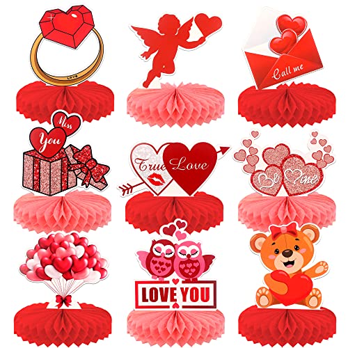 Big, Valentines Day Table Decorations - Pack of 9 | Red, Pink Valentine Honeycomb Decorations | Valentines Day Decor | Valentines Day Centerpiece Decorations | Valentines Day Decorations for the Home