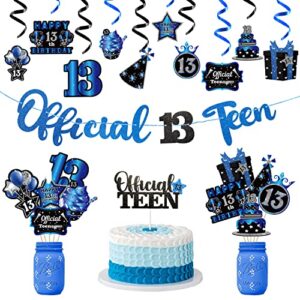 buoonyer 42pcs 13th black blue official teen birthday banner party decorations, 13 years old glitter hanging garlands swirls signs for boys girls, cake topper centerpieces decor photo booth props