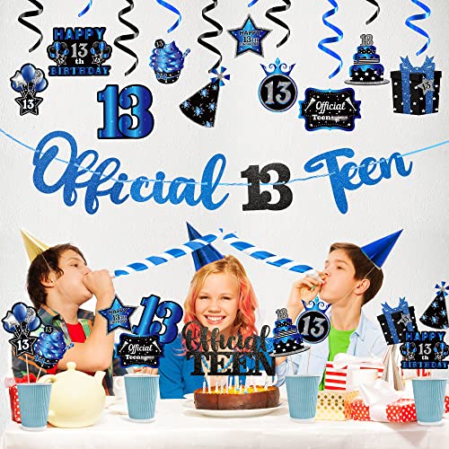 BUoonyer 42pcs 13th Black Blue Official Teen Birthday Banner Party Decorations, 13 Years Old Glitter Hanging Garlands Swirls Signs for Boys Girls, Cake Topper Centerpieces Decor Photo Booth Props