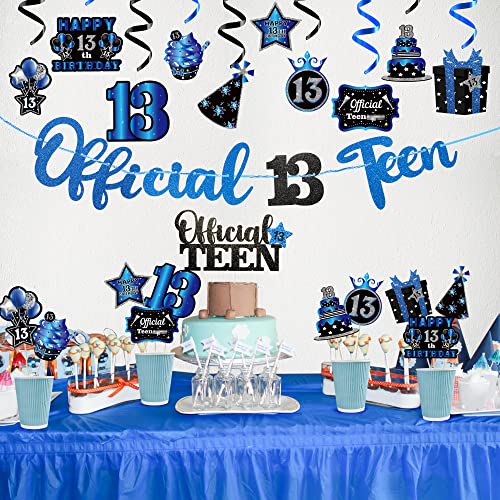 BUoonyer 42pcs 13th Black Blue Official Teen Birthday Banner Party Decorations, 13 Years Old Glitter Hanging Garlands Swirls Signs for Boys Girls, Cake Topper Centerpieces Decor Photo Booth Props