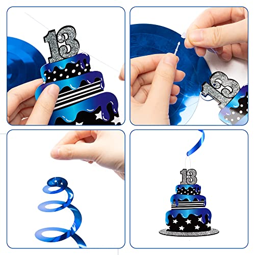 BUoonyer 42pcs 13th Black Blue Official Teen Birthday Banner Party Decorations, 13 Years Old Glitter Hanging Garlands Swirls Signs for Boys Girls, Cake Topper Centerpieces Decor Photo Booth Props