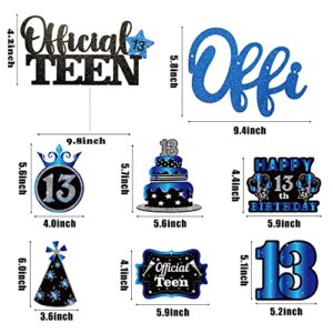 BUoonyer 42pcs 13th Black Blue Official Teen Birthday Banner Party Decorations, 13 Years Old Glitter Hanging Garlands Swirls Signs for Boys Girls, Cake Topper Centerpieces Decor Photo Booth Props