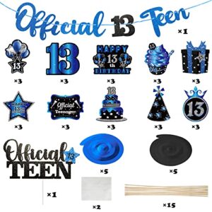 BUoonyer 42pcs 13th Black Blue Official Teen Birthday Banner Party Decorations, 13 Years Old Glitter Hanging Garlands Swirls Signs for Boys Girls, Cake Topper Centerpieces Decor Photo Booth Props