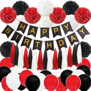 inby 49pcs red and black birthday party decoration kit for women girl happy birthday banner 10″ tissue paper flower pom pom tassel latex balloon garland mickey mouse pirate theme birthday party supply