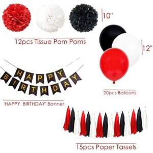 InBy 49pcs Red and Black Birthday Party Decoration Kit for Women Girl Happy Birthday Banner 10" Tissue Paper Flower Pom Pom Tassel Latex Balloon Garland Mickey Mouse Pirate Theme Birthday Party Supply