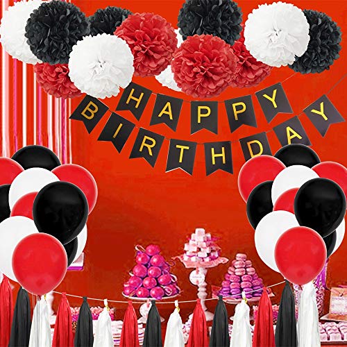 InBy 49pcs Red and Black Birthday Party Decoration Kit for Women Girl Happy Birthday Banner 10" Tissue Paper Flower Pom Pom Tassel Latex Balloon Garland Mickey Mouse Pirate Theme Birthday Party Supply