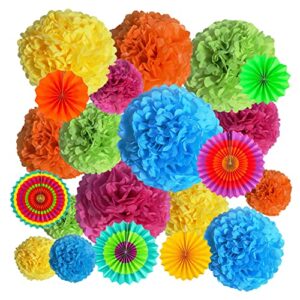 colorful paper party decorations, 21 pcs multi-color hanging paper fans， pom poms flowers, premium material with vivid colors, hanging décor for birthday，wedding，fiesta ，mexican party