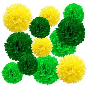 dark green and light green and yellow paper pom poms decorations for party ceiling hanging tissue flowers decorations 12pcs – 2 color of 10 inch, 12 inch
