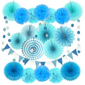 zerodeco party decoration, 21 pcs blue hanging paper fans, pom poms flowers, garlands string polka dot and triangle bunting flags for boy birthday parties, bridal showers, baby showers, wedding