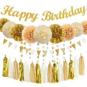 white-gold champagne birthday party decorations – 27pcs tissue pom poms streamers,christmas tassel garland,1st,2nd,10th,13th,18th,25st,30th,40th,50th neutral happy birthday banner decor panduola