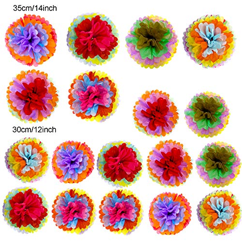 ZERODECO Cinco De Mayo Decorations, 18 Pcs Multicolor Fiesta Tissue Pom Paper Flowers 12 inch 14 inch for Mexican Carnival Rainbow Theme Party Supplies