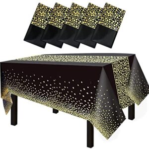 FECEDY 5 Packs 54"x108" Gold Wave Point Black Disposable Plastic Table Cover Waterproof Tablecloths for Rectangle Tables up to 8 ft in Length Party Decorations