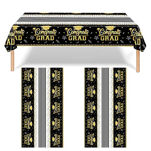 Ygdvlog Graduation Decorations Graduation Tablecloth 2PCS Class of 2023 Congrats Grad Black Graduation Party Tablecover Decorations Party Supplies Large Size Plastic 54"x108"(Black & Gold)