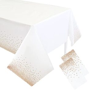 bluechok gold polka dots plastic tablecloths 2 pack white disposable table covers bridal shower party tablecovers 54” x 108” table cloths for picnic birthday wedding parties 8 foot rectangle table